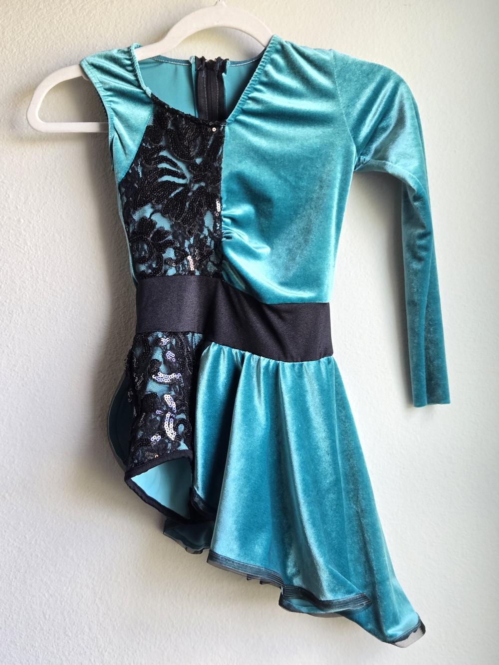 Teal Velvet & Black Lace Sequin Girls' Dance, Skating, Costume, Sz Medium